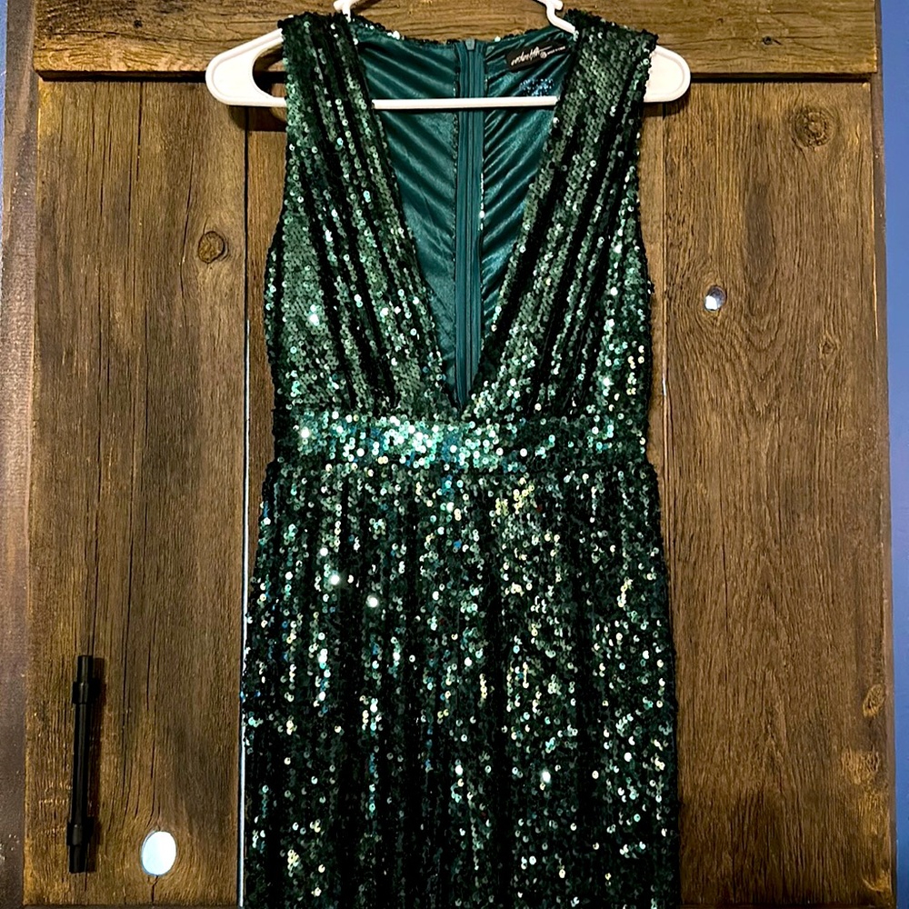 Green V Neck sequin jump suit NWOT